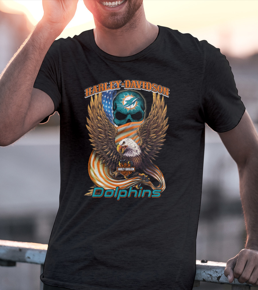 Harley Davidson Miami Dolphins Hl6 Cycles Eagle Flag Skull T-Shirt