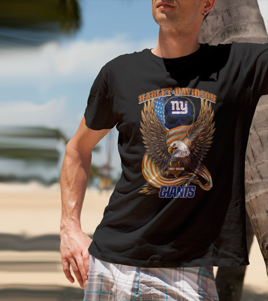 Harley Davidson New York Giants American Eagle Nfl Skull Usa Flag T-Shirt
