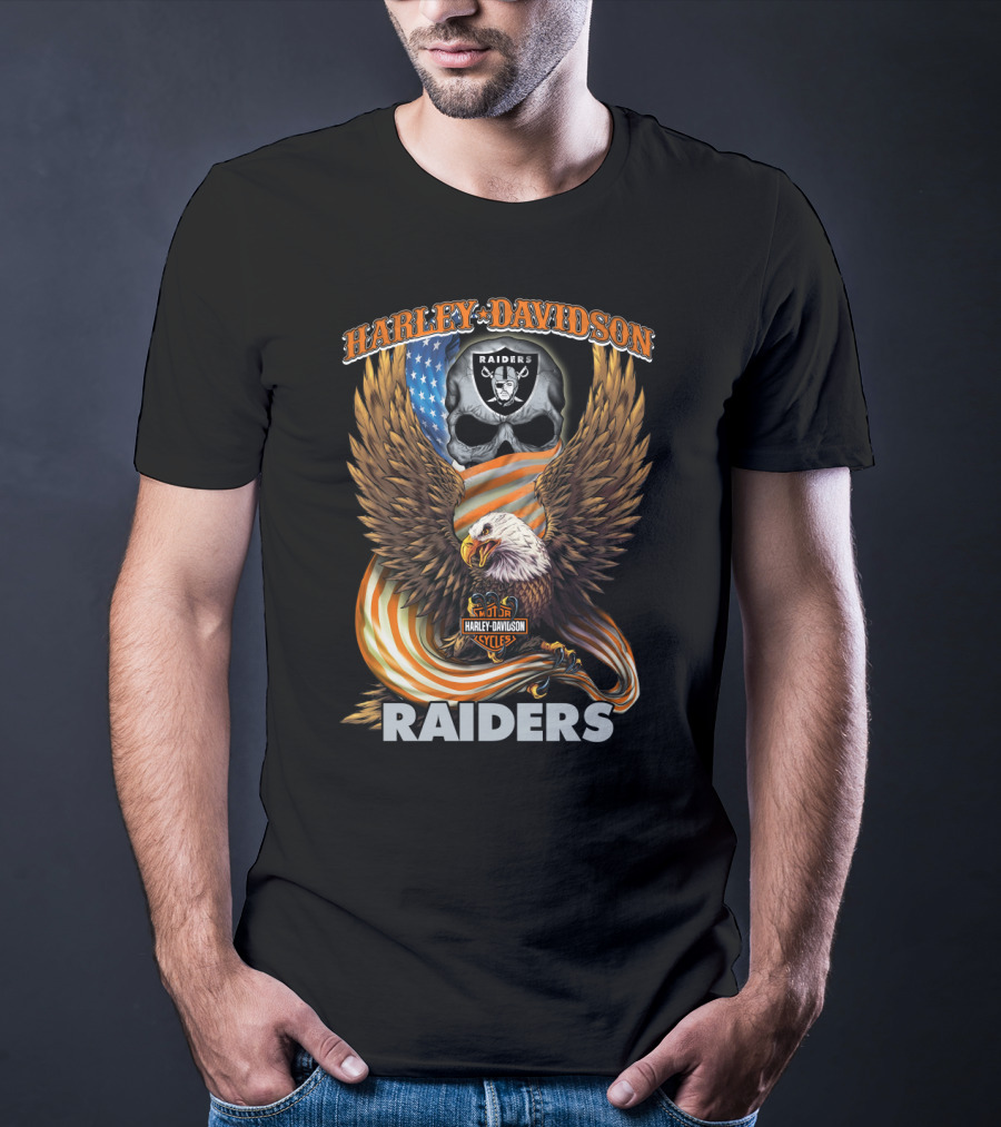 Harley Davidson Raiders Eagle American Flag Skull Nfl Oakland Raiders T-Shirt