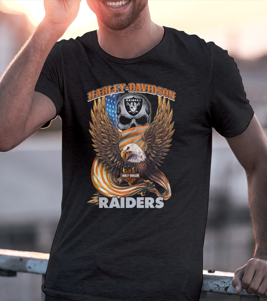 Harley Davidson Raiders Eagle American Flag Skull Nfl Oakland Raiders T-Shirt