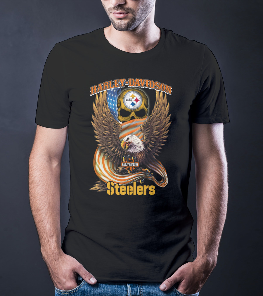 Harley Davidson Steelers Skull Eagle American Flag Pittsburgh Nfl T-Shirt