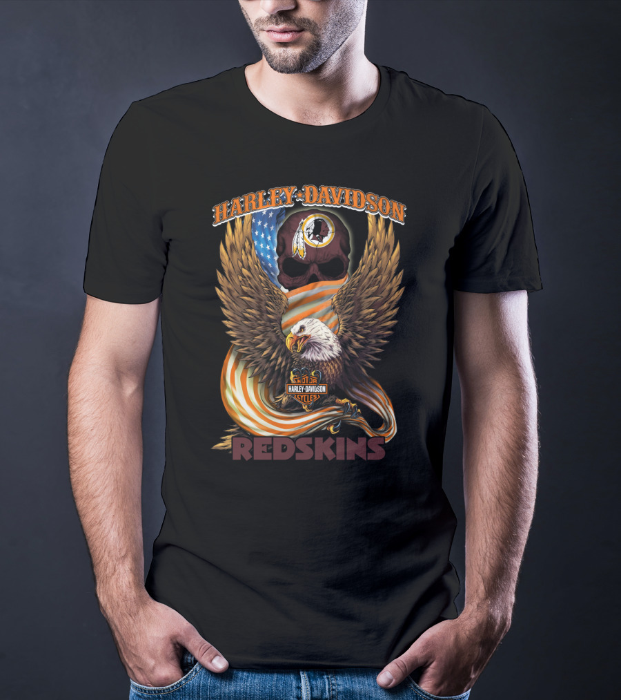 Harley Davidson Cycles Redskins Eagle And Skull Icon With American Flag T-Shirt