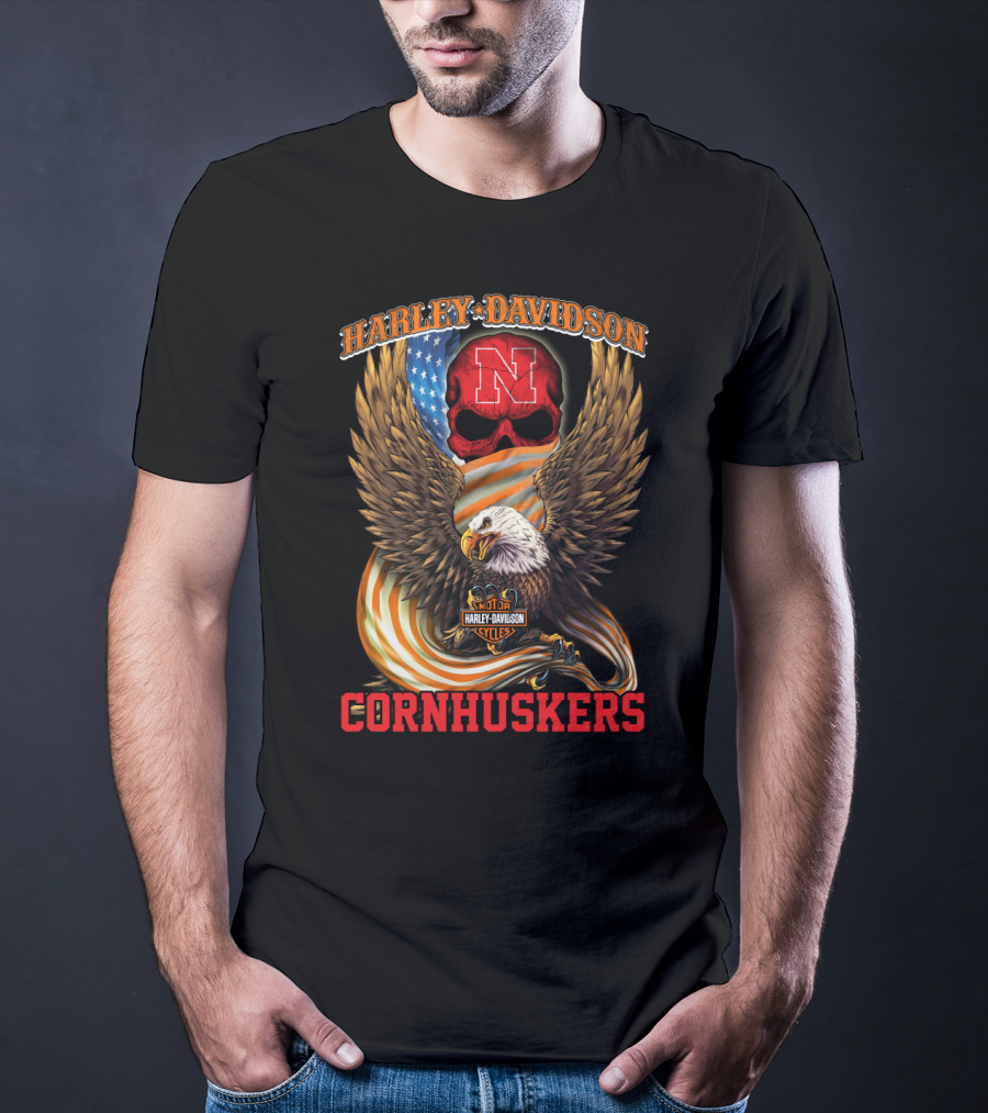 Harley Davidson Cornhuskers Nebraska Skull American Flag Eagle T-Shirt