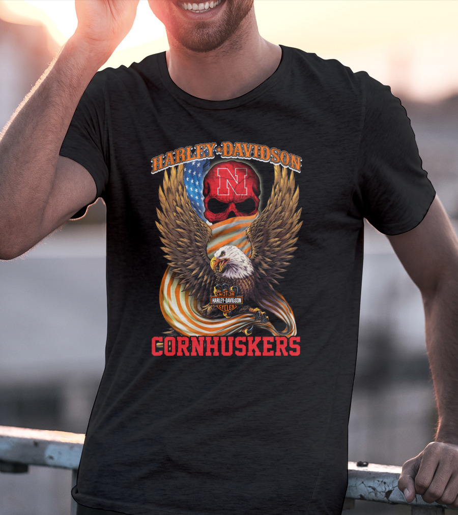 Harley Davidson Cornhuskers Nebraska Skull American Flag Eagle T-Shirt