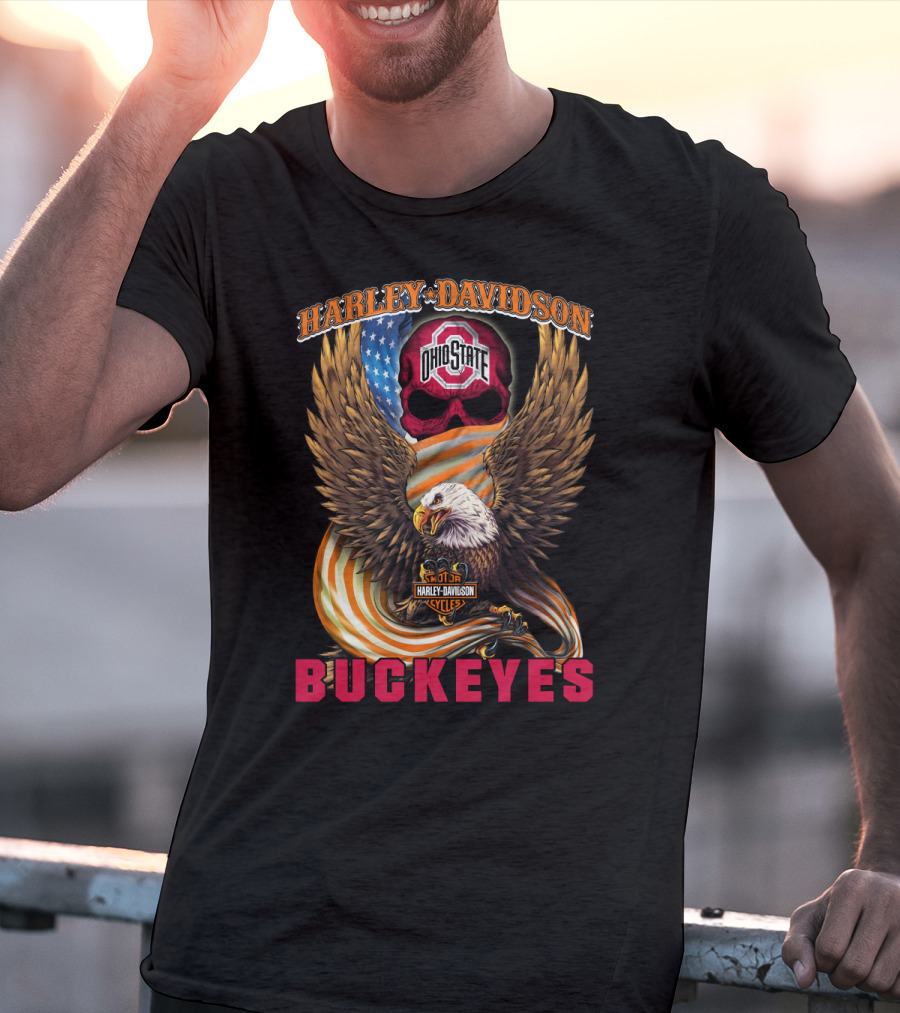 Harley Davidson Ohio State Buckeyes Eagle American Flag T-Shirt