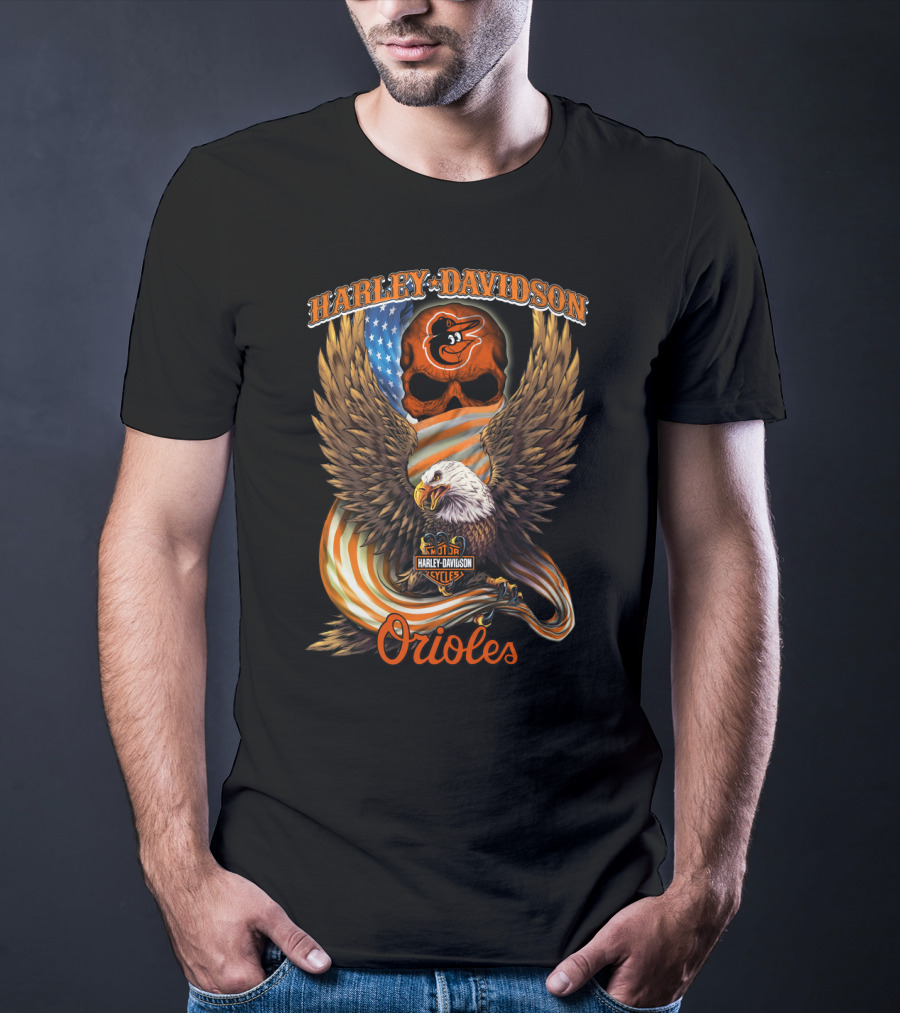 Harley Davidson Cycles Orioles Baltimore Orioles Eagle American Flag T-Shirt