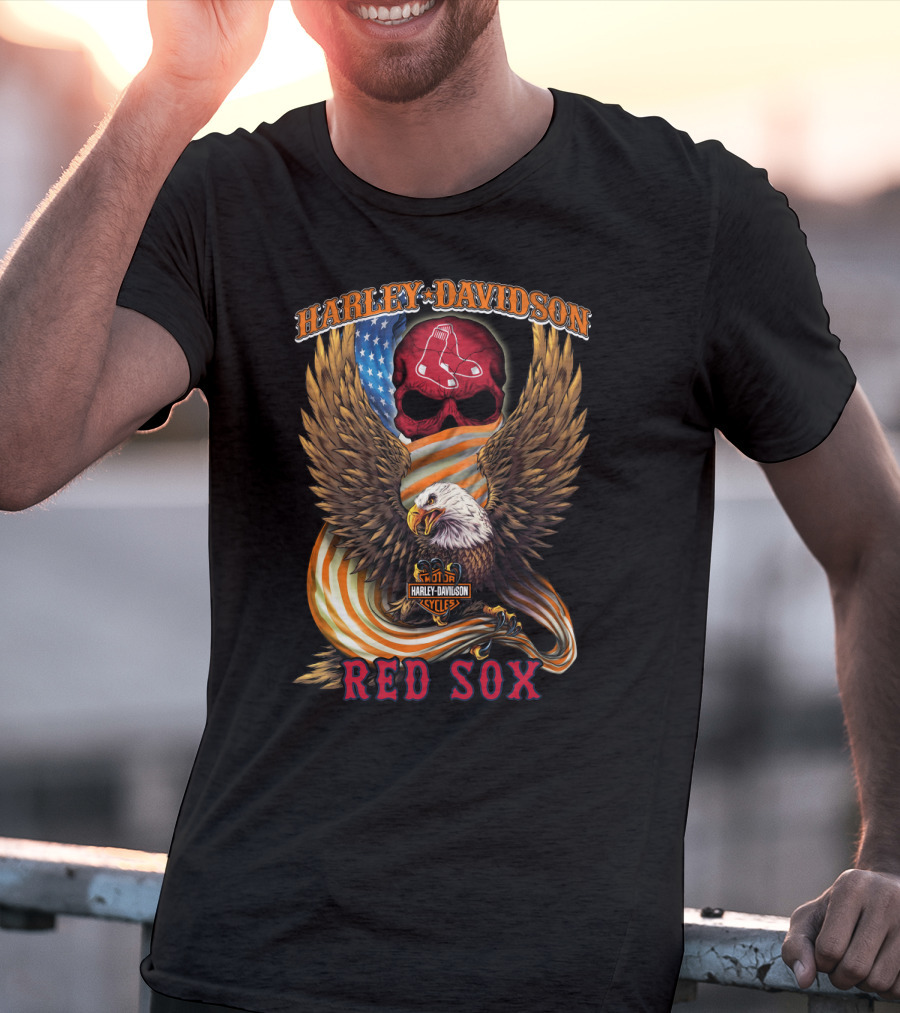 Harley Davidson Boston Red Sox Eagle Skull American Flag Cycles T-Shirt