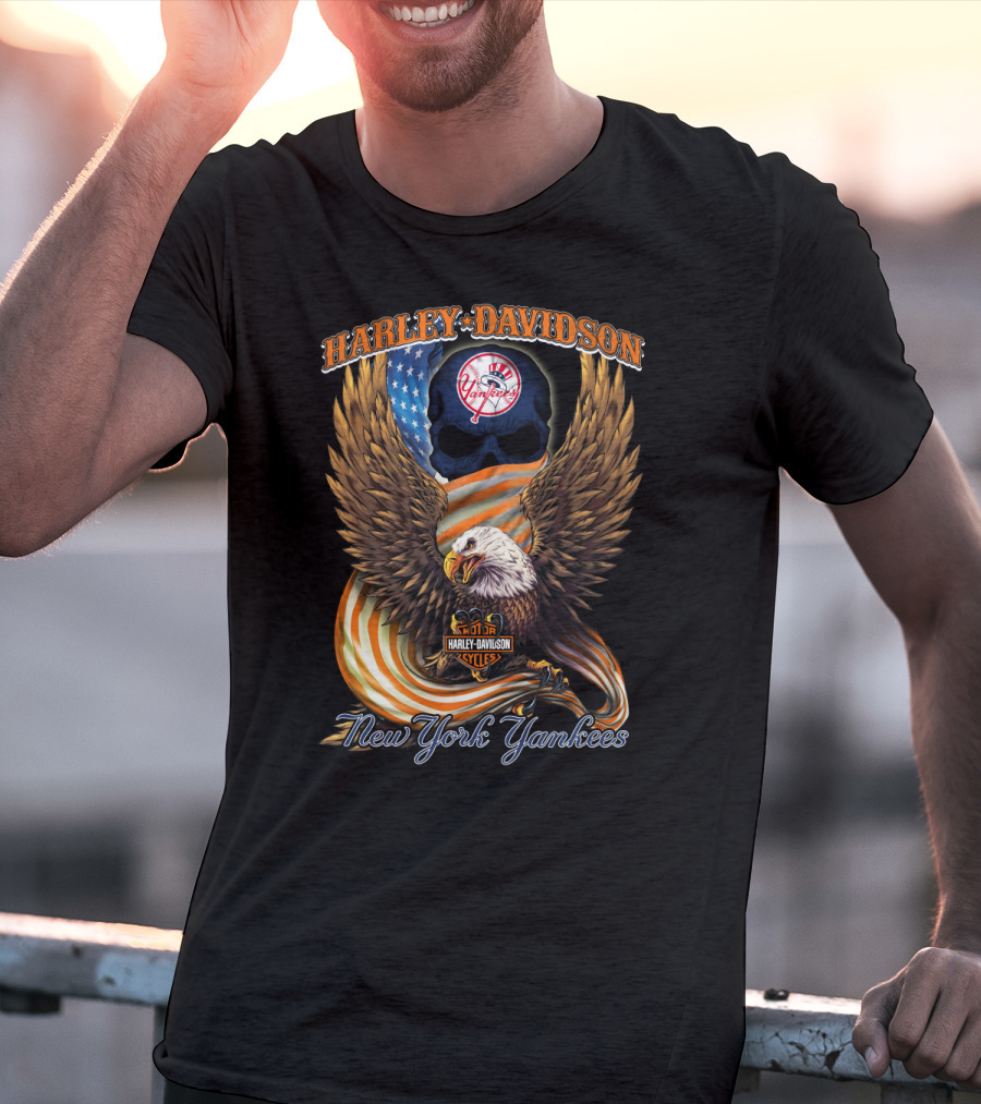 Harley Davidson New York Yankees Bald Eagle American Flag T-Shirt