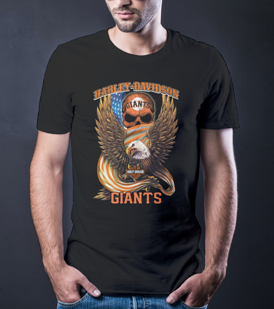 Harley Davidson Giants Bikes Cycles Eagle American Flag Skull T-Shirt