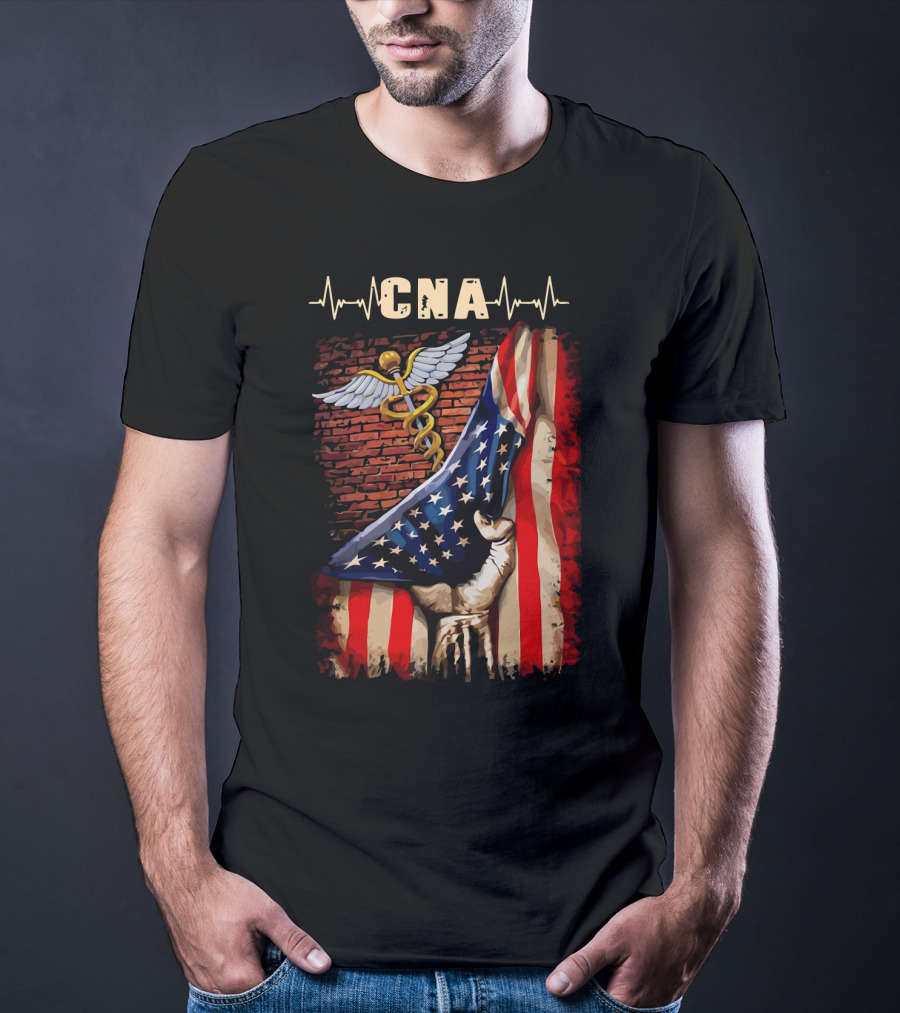 CNA Nurse American Flag Caduceus Symbol With Heartbeat T-Shirt