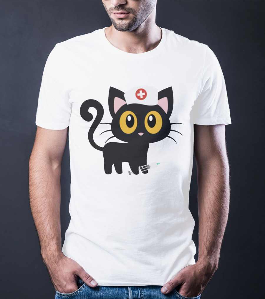 Cat Nurse Cute Black Cat With Syringe And Nurse Hat T-Shirt