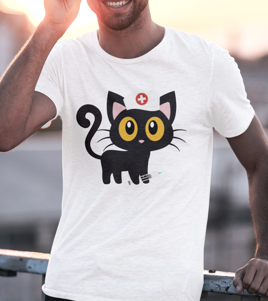 Cat Nurse Cute Black Cat With Syringe And Nurse Hat T-Shirt