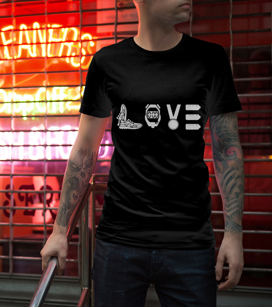 LOVE RUNNING Stopwatch Medal Shoes Bottles T-Shirt