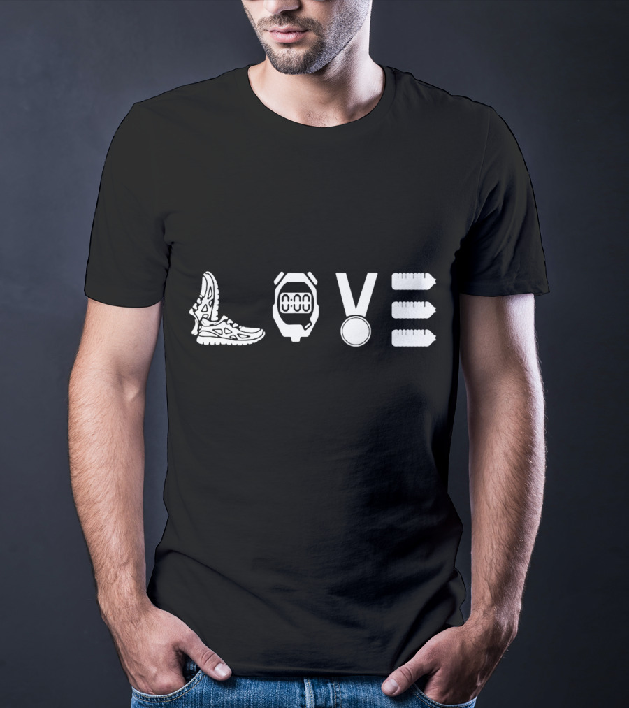 LOVE RUNNING Stopwatch Medal Shoes Bottles T-Shirt