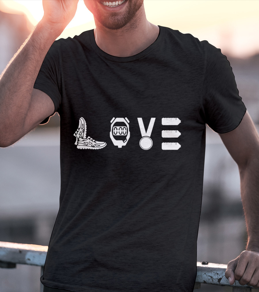 LOVE RUNNING Stopwatch Medal Shoes Bottles T-Shirt