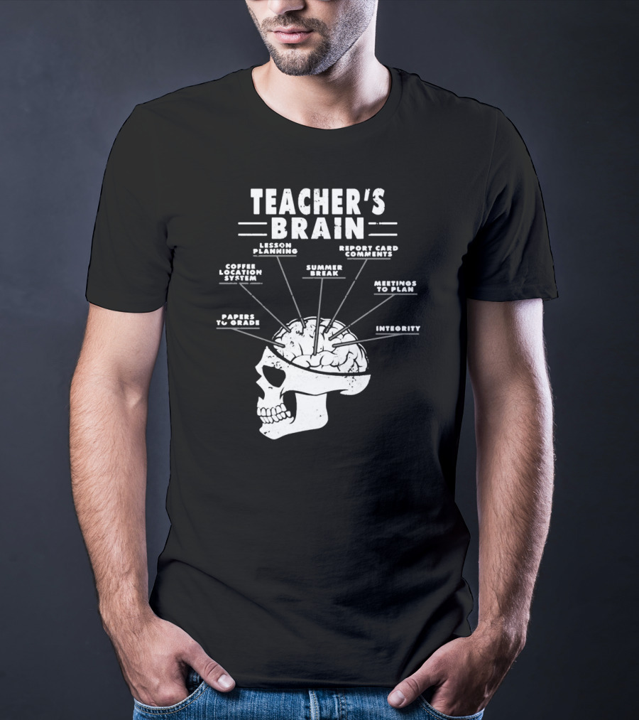 Teacher's Brain Funny Teacher Lesson Planning Report Card Comments Coffee Location System Summer Break Meetings To Plan Papers To Grade Integrity T-Shirt