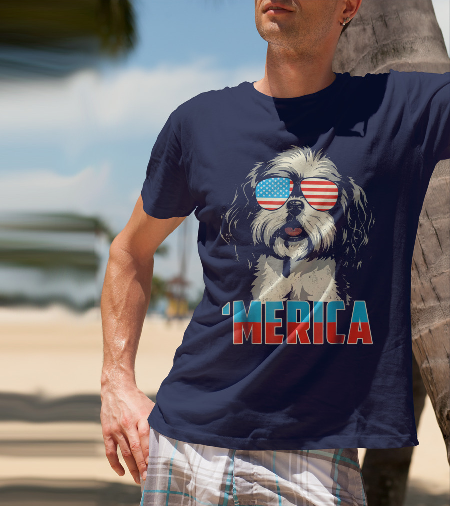 Patriotic Shih Tzu 'Merica With American Flag Sunglasses T-Shirt
