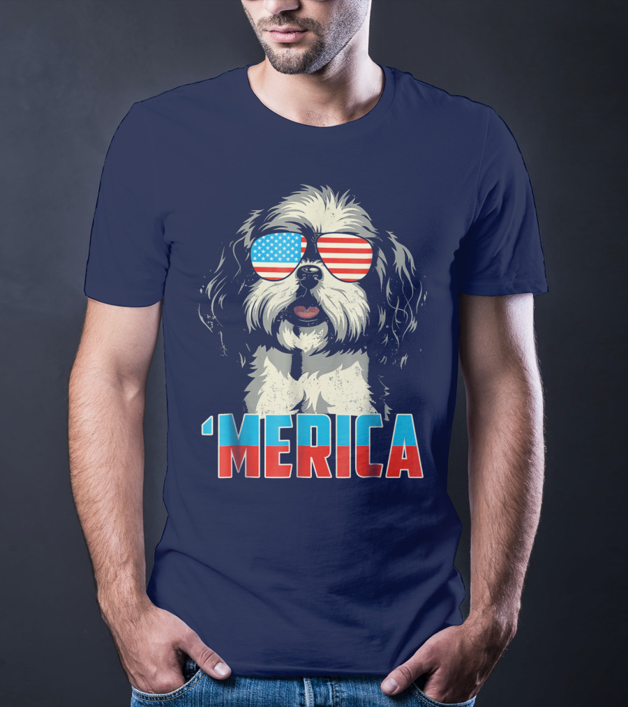 Patriotic Shih Tzu 'Merica With American Flag Sunglasses T-Shirt
