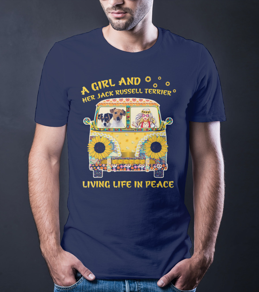 A Girl And Her Jack Russell Terrier Living Life In Peace Hippie Van With Sunflowers T-Shirt