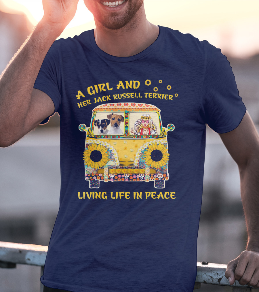 A Girl And Her Jack Russell Terrier Living Life In Peace Hippie Van With Sunflowers T-Shirt