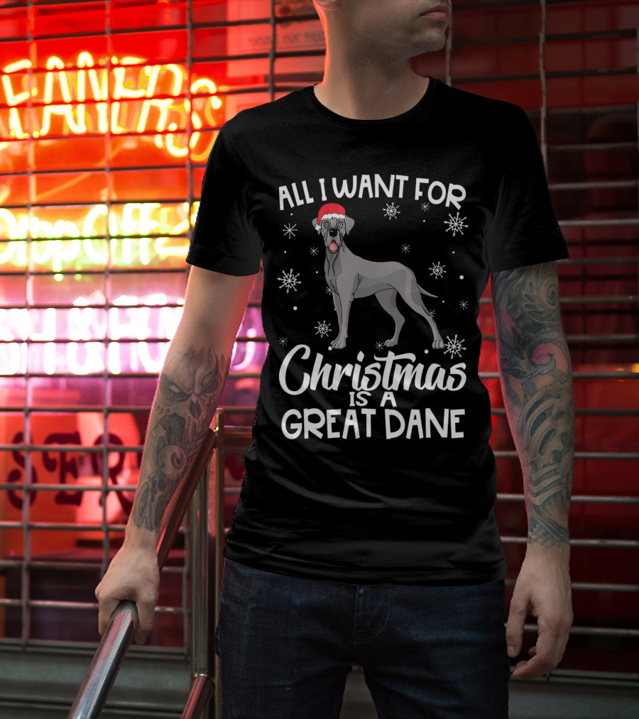 All I Want For Christmas Is A Great Dane With Santa Hat And Snowflakes T-Shirt