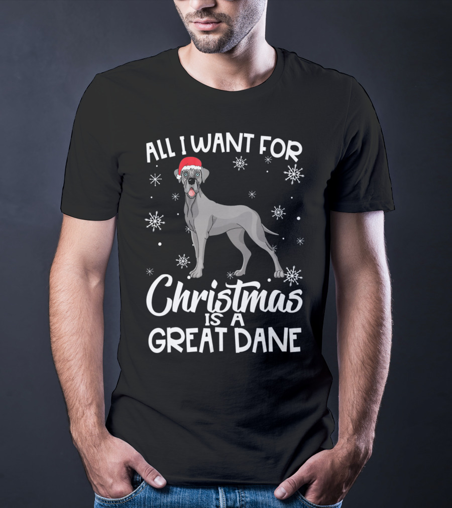All I Want For Christmas Is A Great Dane With Santa Hat And Snowflakes T-Shirt