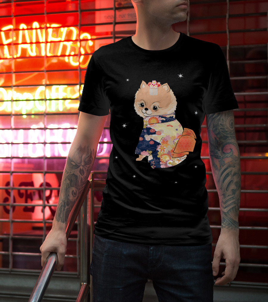 Pomeranian Dog In Floral Kimono With Stars T-Shirt
