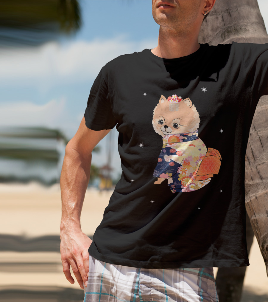 Pomeranian Dog In Floral Kimono With Stars T-Shirt