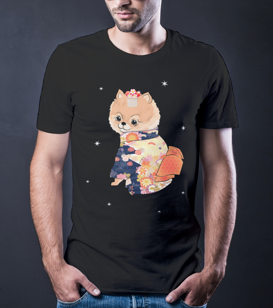 Pomeranian Dog In Floral Kimono With Stars T-Shirt