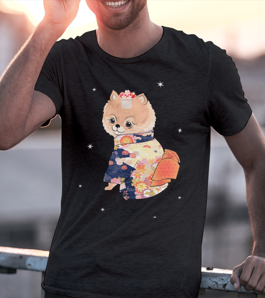 Pomeranian Dog In Floral Kimono With Stars T-Shirt