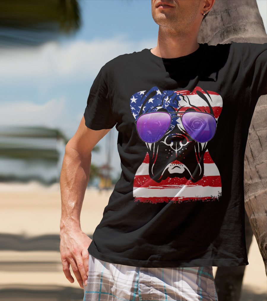 Boxer Dog With American Flag Sunglasses Patriotic T-Shirt