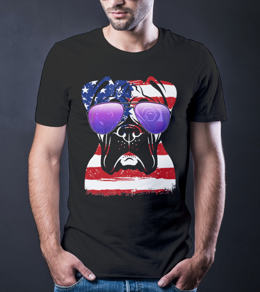 Boxer Dog With American Flag Sunglasses Patriotic T-Shirt