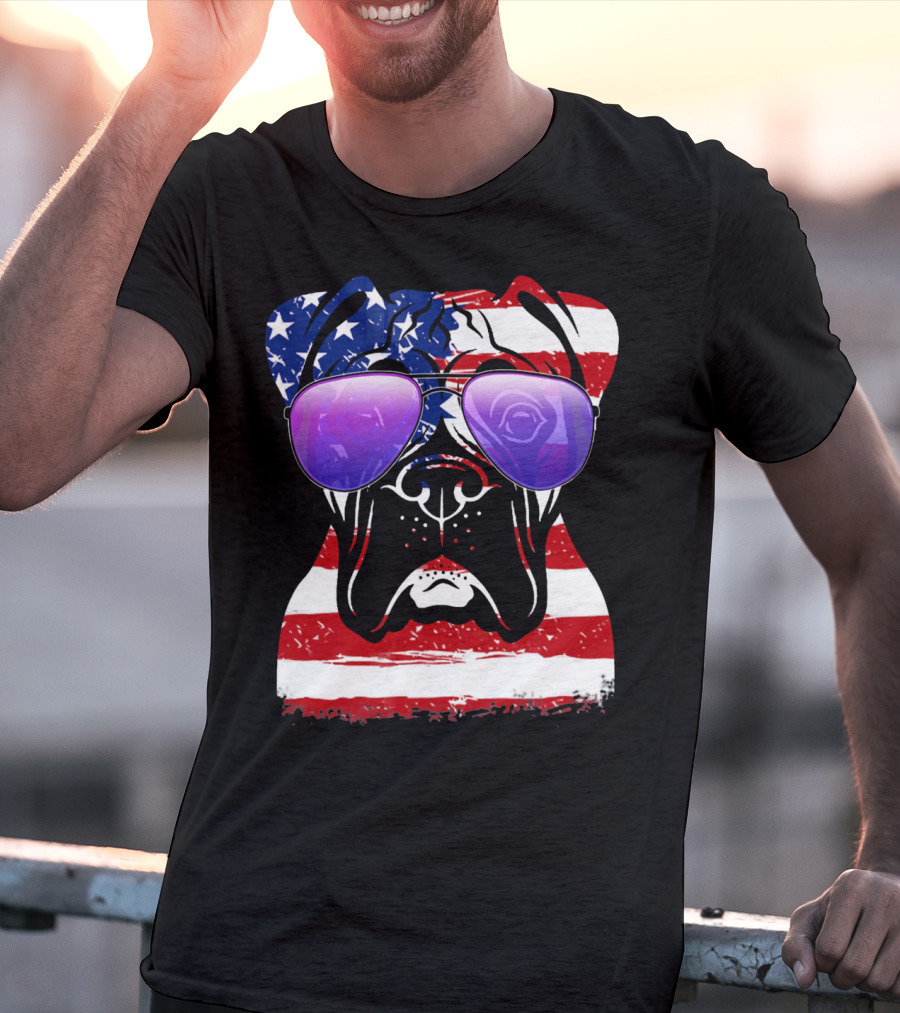 Boxer Dog With American Flag Sunglasses Patriotic T-Shirt