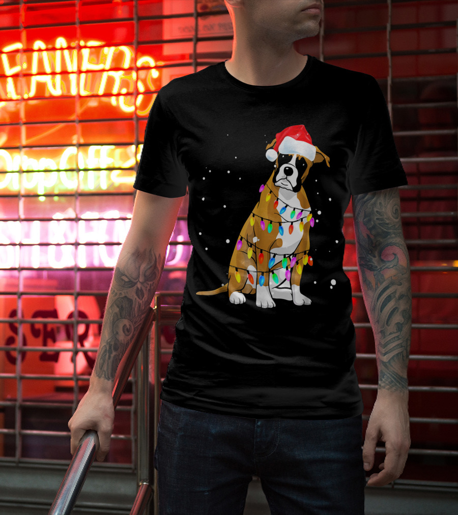 Boxer Dog Wrapped In Christmas Lights With Santa Hat T-Shirt