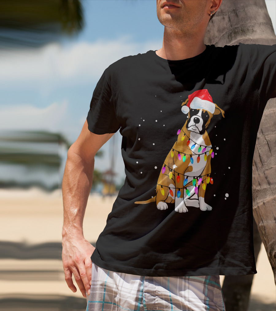 Boxer Dog Wrapped In Christmas Lights With Santa Hat T-Shirt