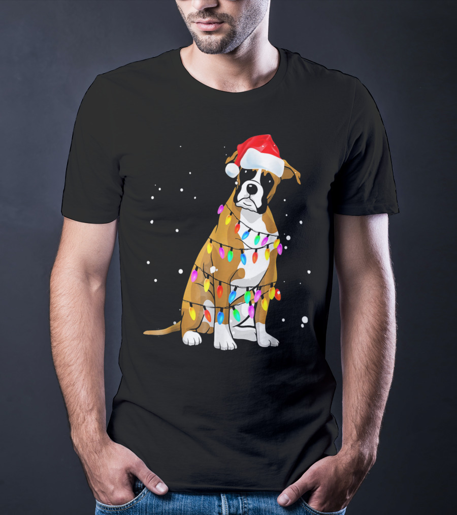Boxer Dog Wrapped In Christmas Lights With Santa Hat T-Shirt