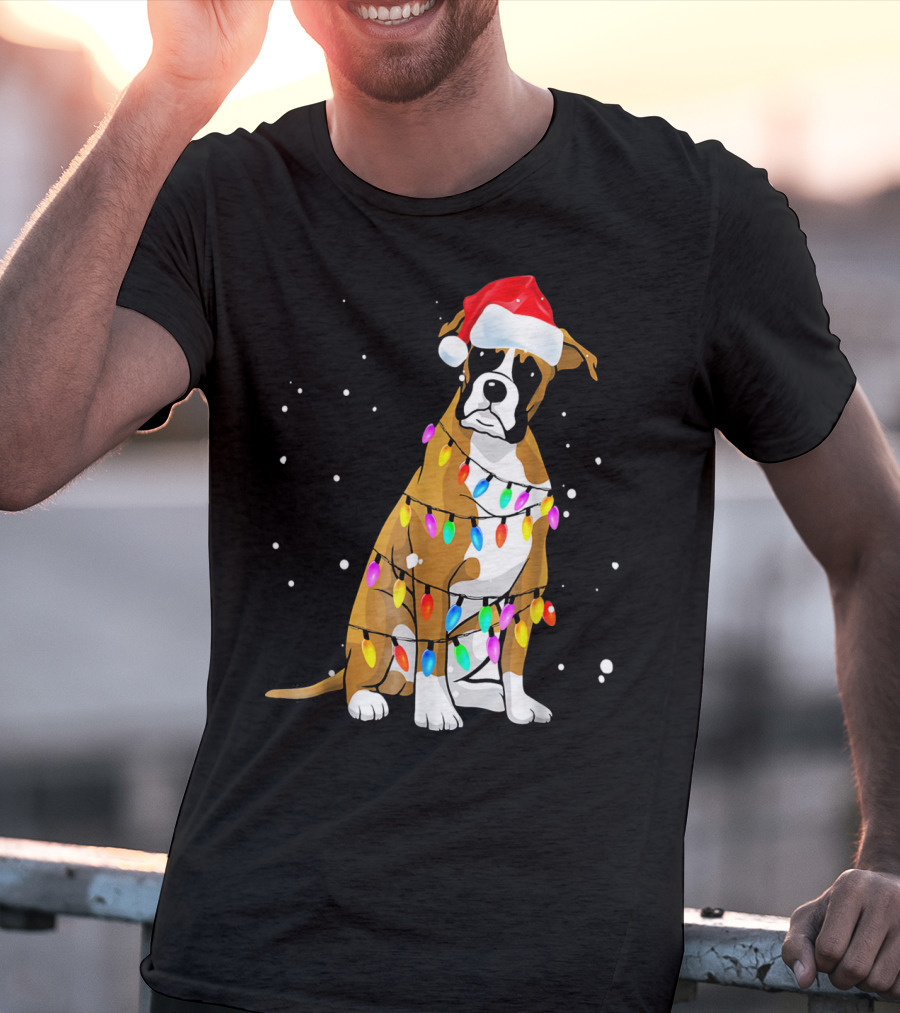 Boxer Dog Wrapped In Christmas Lights With Santa Hat T-Shirt