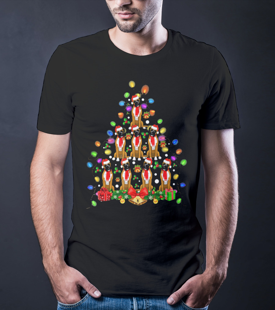 Boxer Dogs In Christmas Tree With Lights And Santa Hats T-Shirt