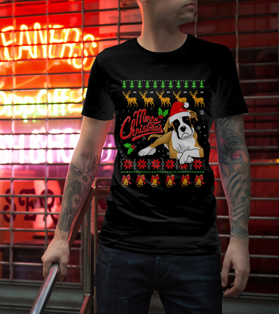 Merry Christmas Boxer Dog Santa Hat Reindeer Snowflakes T-Shirt