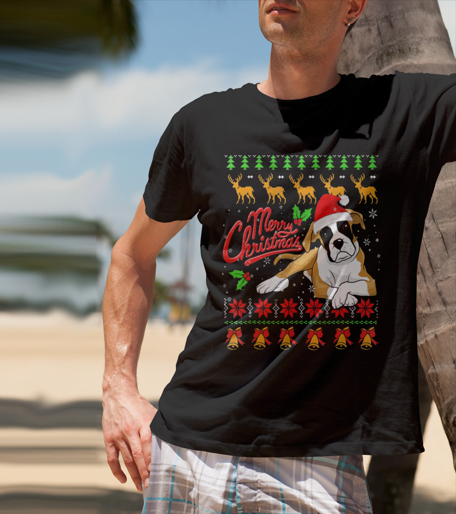 Merry Christmas Boxer Dog Santa Hat Reindeer Snowflakes T-Shirt