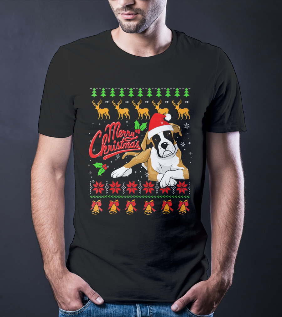 Merry Christmas Boxer Dog Santa Hat Reindeer Snowflakes T-Shirt