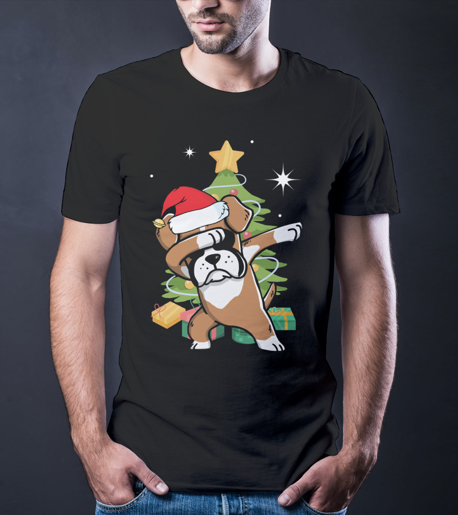 Christmas Boxer Dog Dabbing In Front Of Tree With Gifts T-Shirt