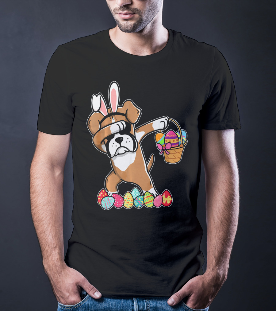 Boxer Dabbing As Easter Bunny With Basket And Eggs T-Shirt