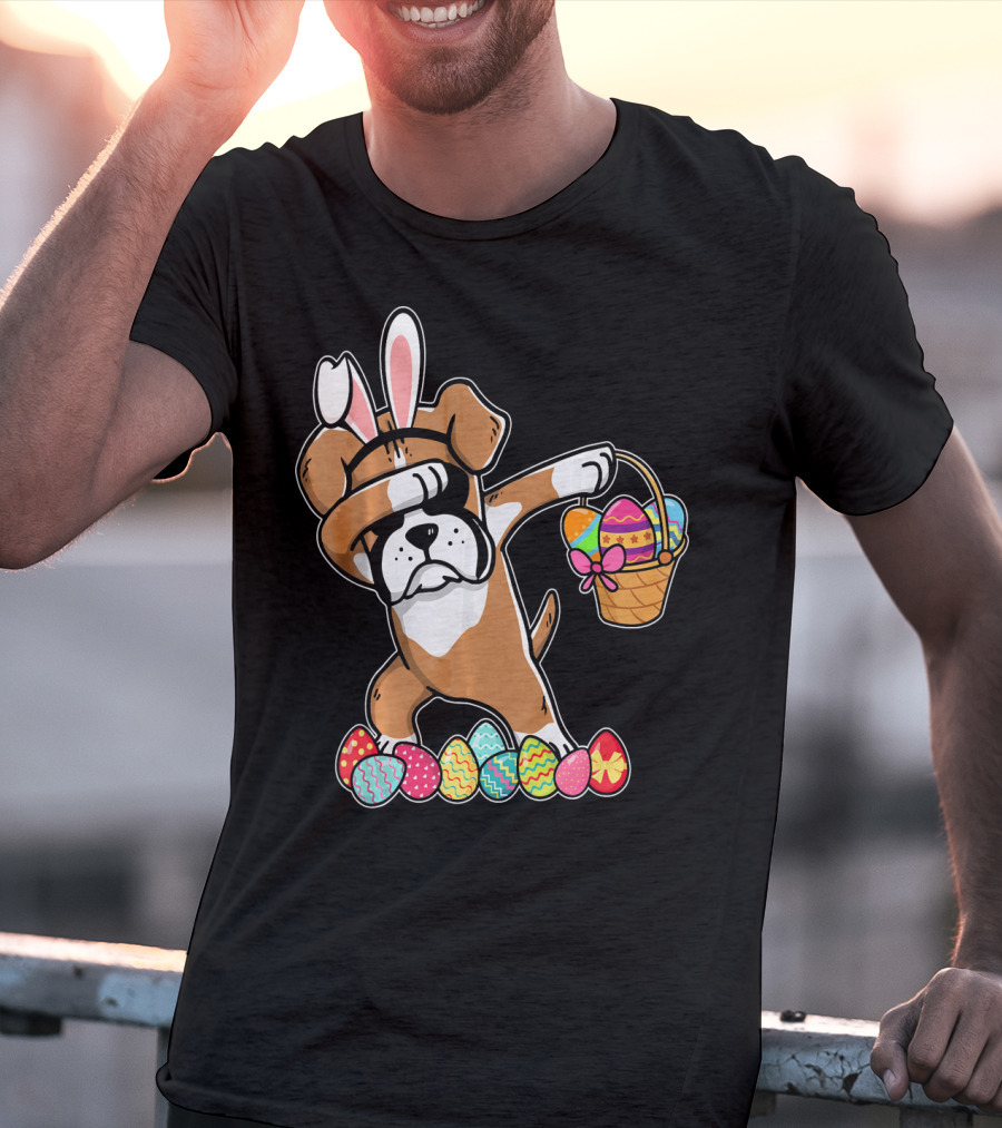 Boxer Dabbing As Easter Bunny With Basket And Eggs T-Shirt