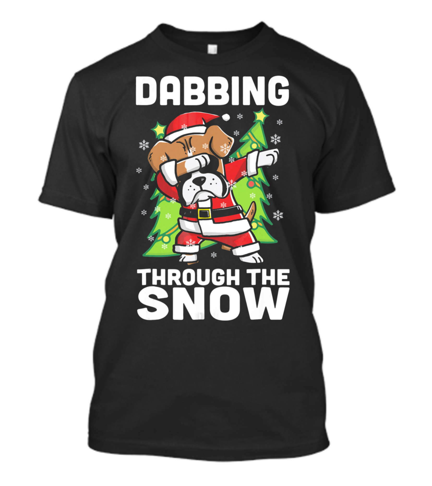 Dabbing Through The Snow Boxer Dog Santa Christmas Snowflakes Pine Trees T-Shirt
