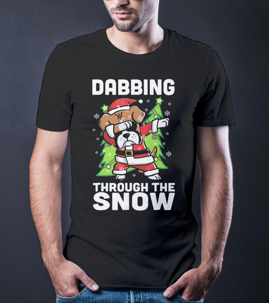Dabbing Through The Snow Boxer Dog Santa Christmas Snowflakes Pine Trees T-Shirt