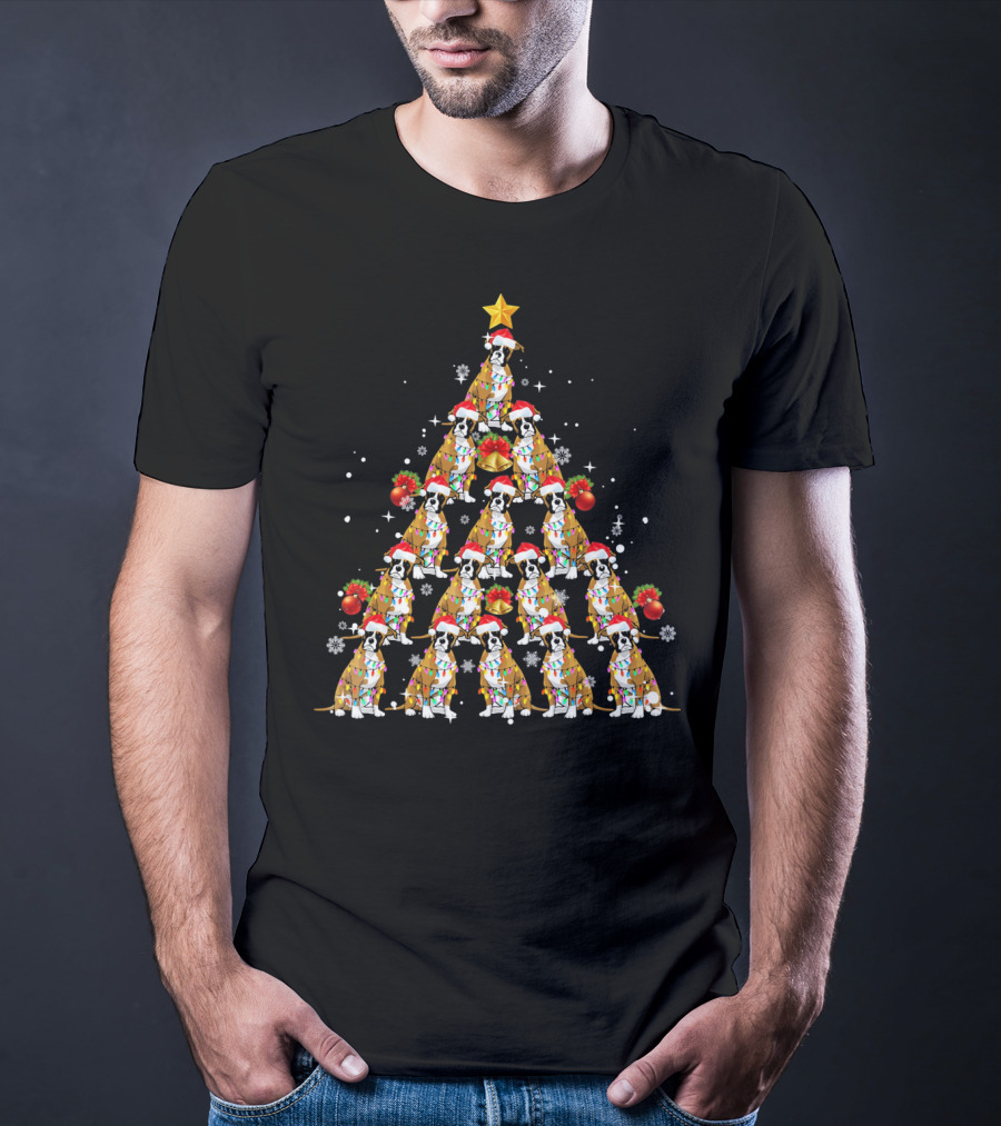 Boxer Dog Christmas Tree With Santa Hats And Lights T-Shirt