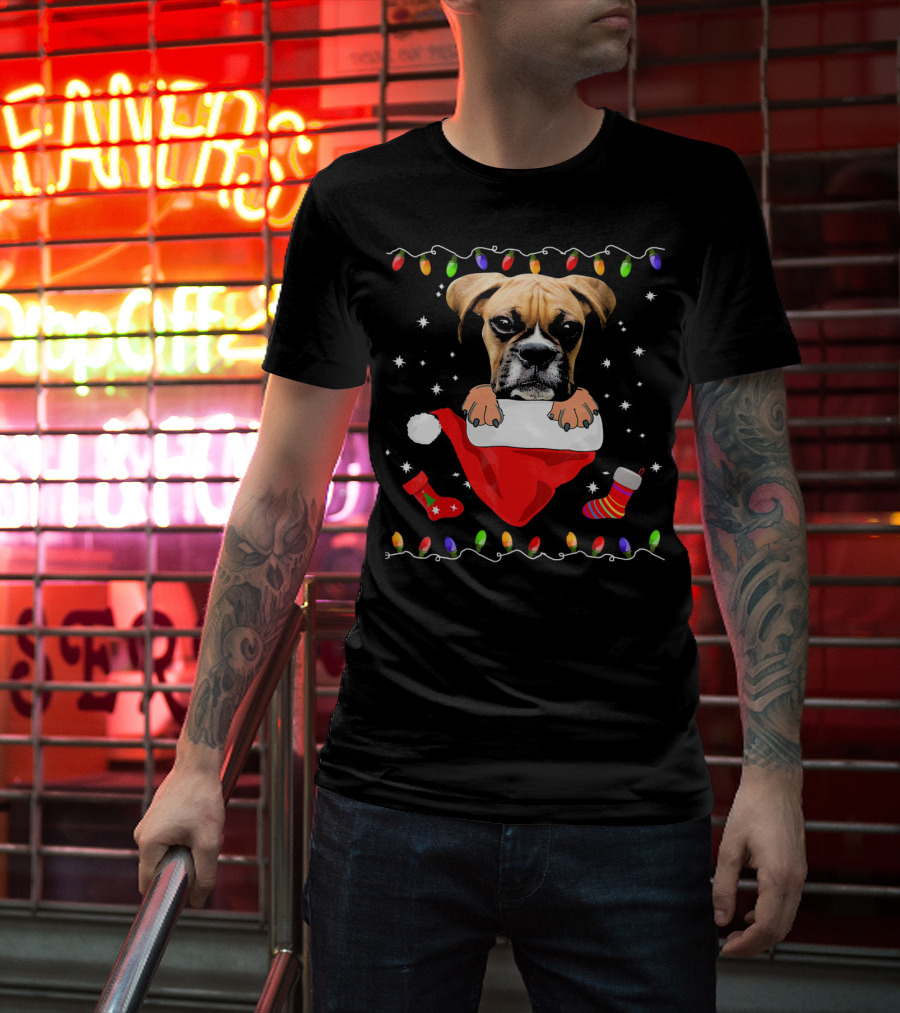 Festive Boxer Dog Christmas With Santa Hat And Holiday Lights T-Shirt