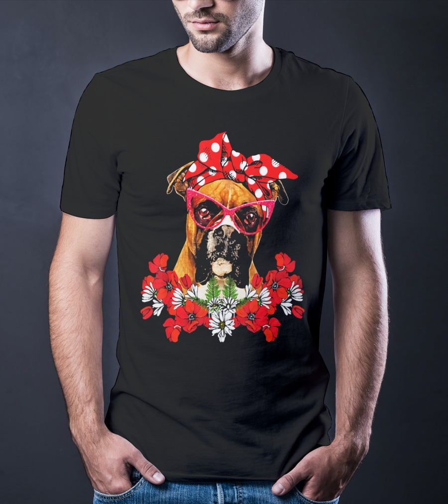 Boxer Dog Moms Red Polka Dot Bow Mixed Flower Arrangement T-Shirt