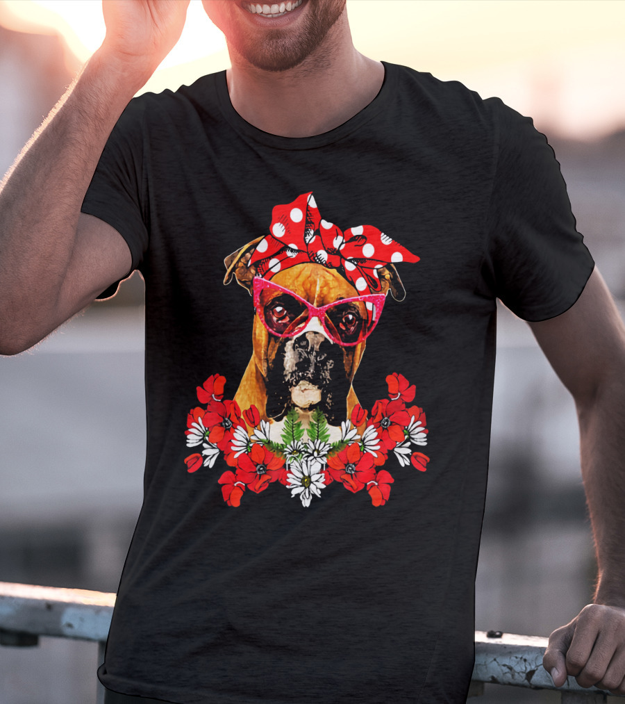 Boxer Dog Moms Red Polka Dot Bow Mixed Flower Arrangement T-Shirt